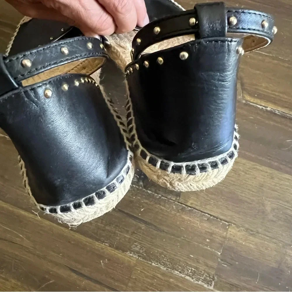 Oficce Studde Flat Espadrilles Black Leather Sandals